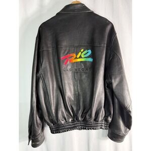 VTG 80s Rio Las Vegas Embroidered Leather Jacket Black XL Bomber Men's RARE‎